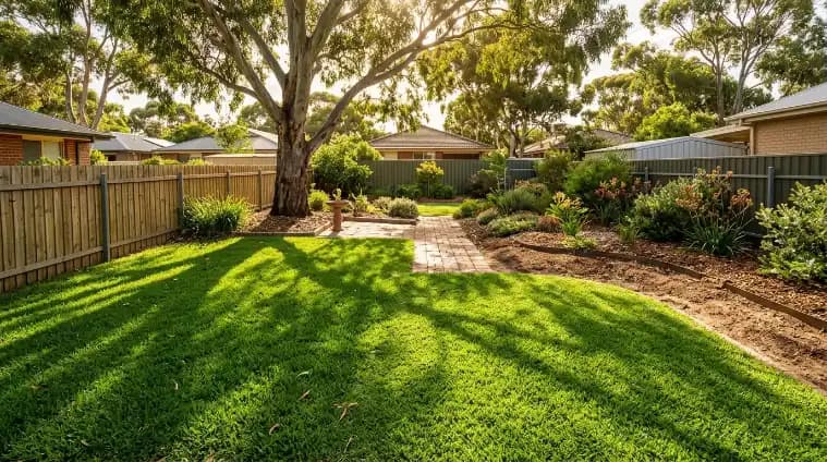 Lush buffalo grass thriving in a shaded Adelaide backyard under a mature gum tree, with a garden path and native plant beds