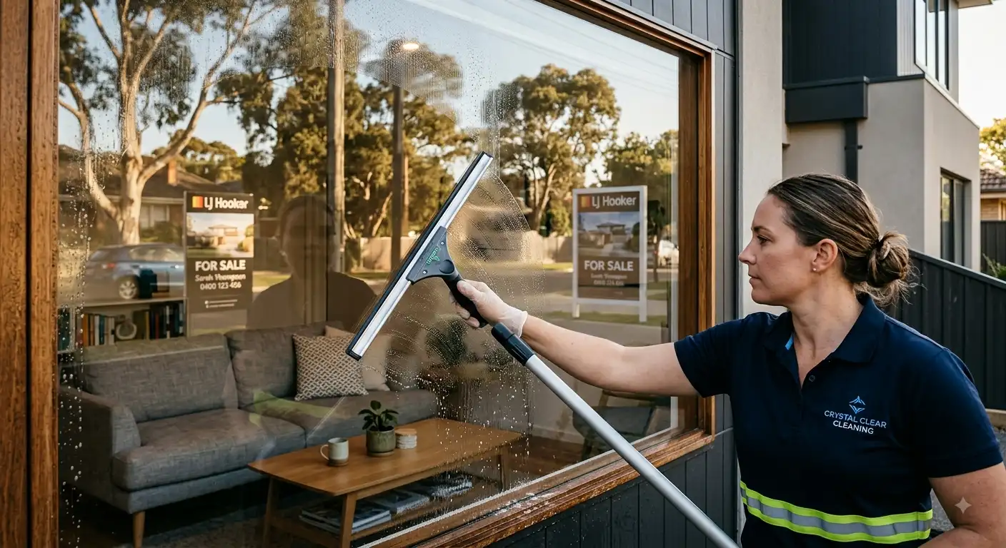 Professional squeegee-cleaning a street-facing window before house sale listing photos in Adelaide