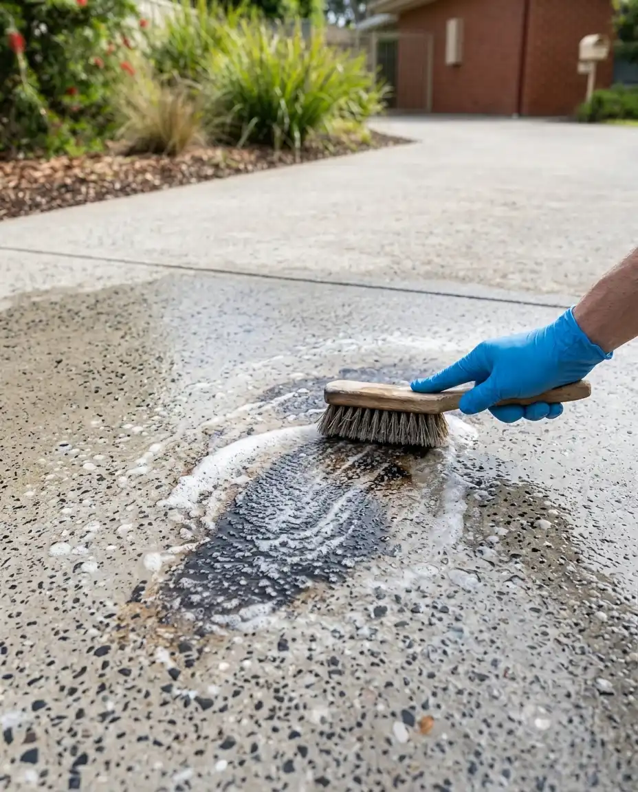 Professional scrubbing an oil stain during driveway stain removal pre-treatment on a residential concrete driveway