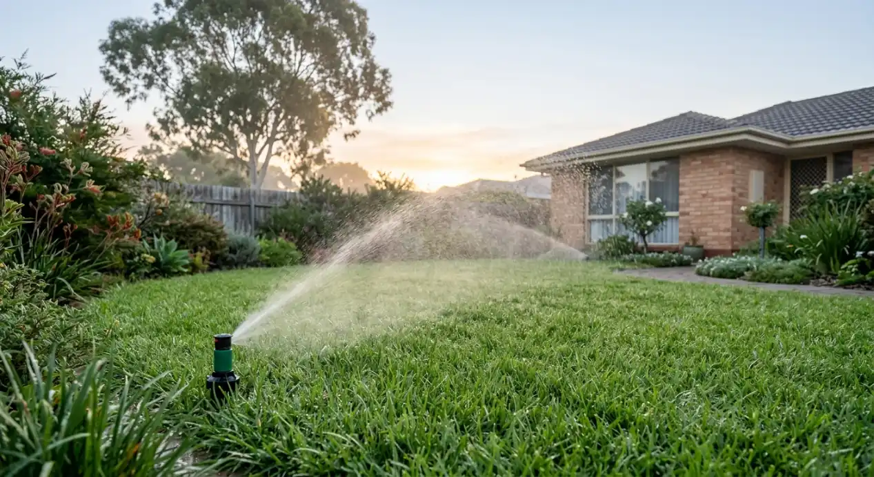Sprinkler watering a green lawn at sunrise, showing the best time to water lawn Adelaide homeowners should follow in summer heat