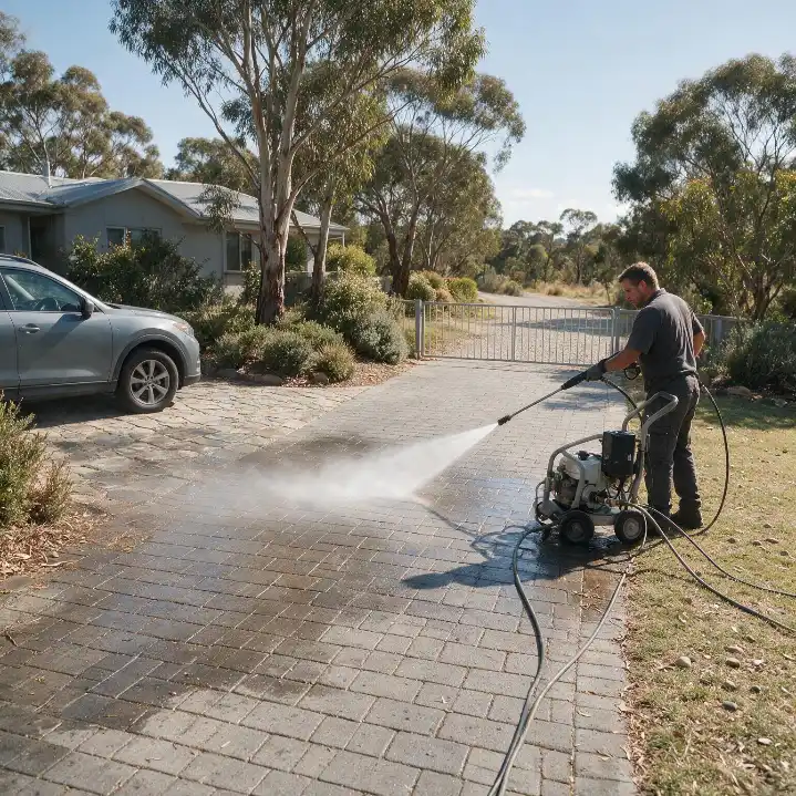 Eco-friendly pressure washing service cleaning a paved driveway in Adelaide with a controlled, low-runoff technique