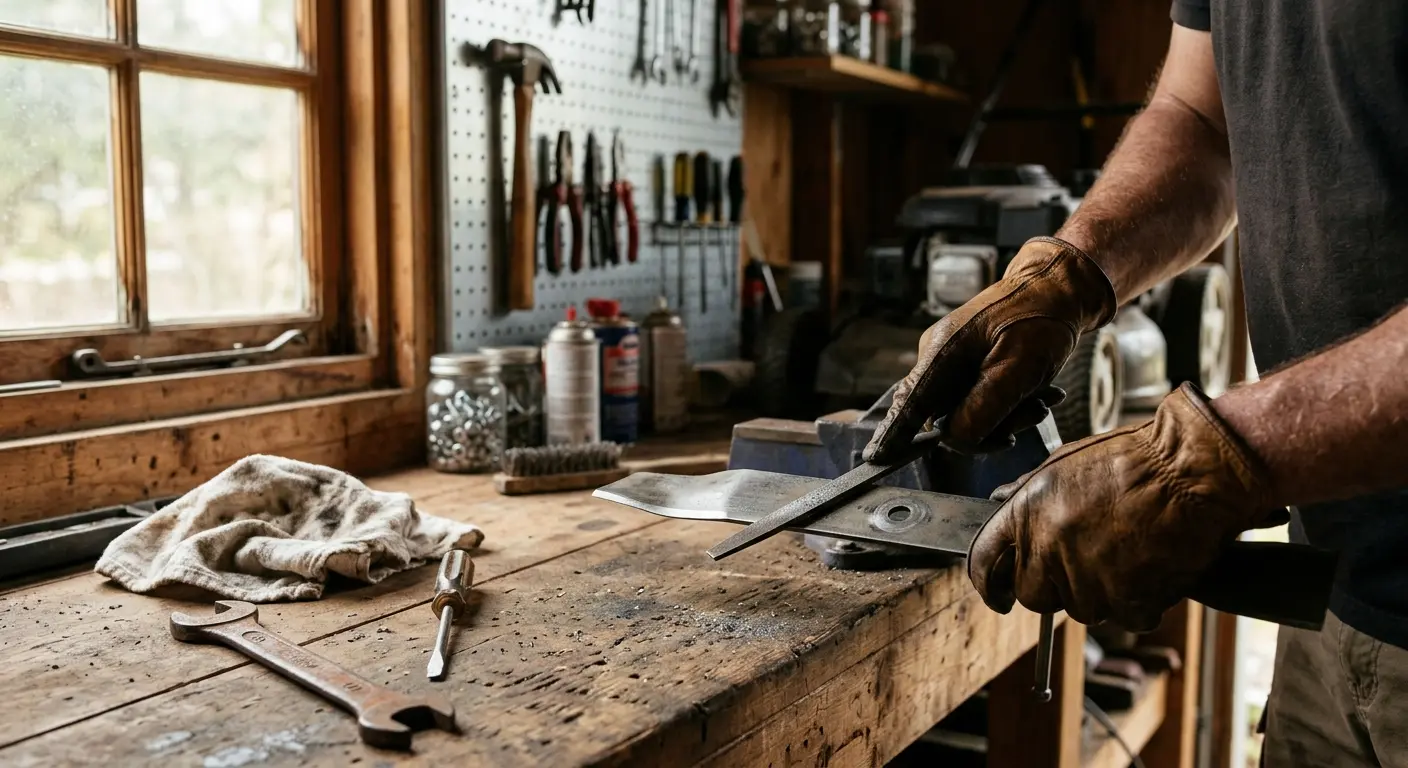 Professional sharpening a lawn mower blade in a workshop as part of lawn maintenance Adelaide services