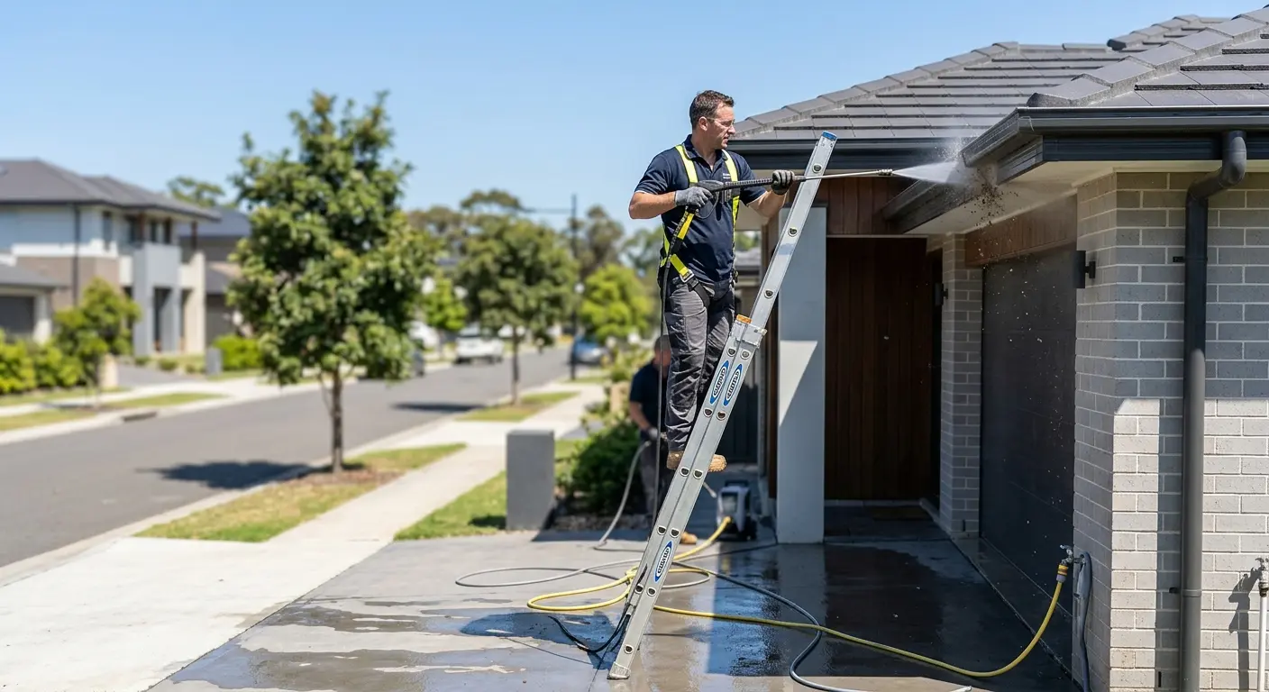 Professional cleaners safely pressure washing gutters on a ladder, backed by cleaning service insurance for property protection
