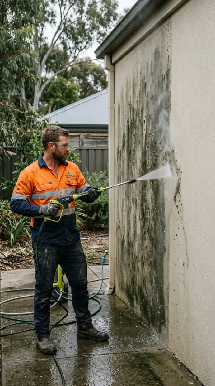 Tradesperson pressure washing dirty, mould-stained render on the shaded side of an Australian house