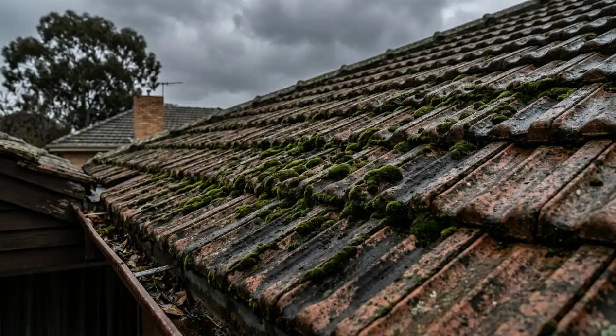 Terracotta roof tiles covered in thick green moss before soft washing in Adelaide