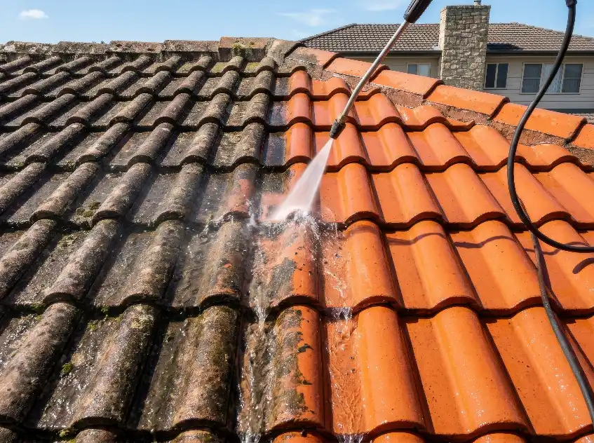 Before and after roof cleaning showing black mould and grime lifted from a roof, revealing the original Colorbond colour underneath on an Adelaide home