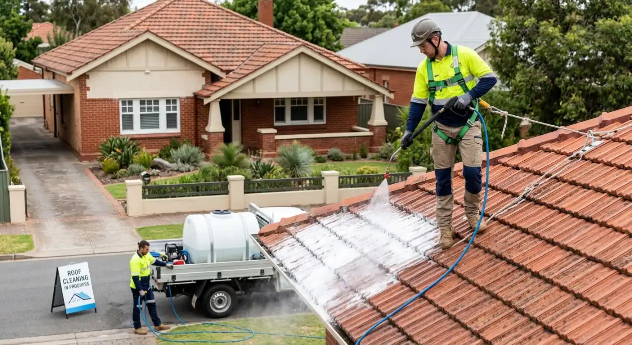 Technician soft washing a tiled roof in Adelaide using low-pressure equipment