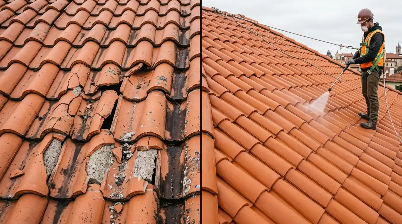 Split photo showing cracked terracotta roof tiles from high pressure damage on the left, and a worker safely soft washing an intact roof on the right