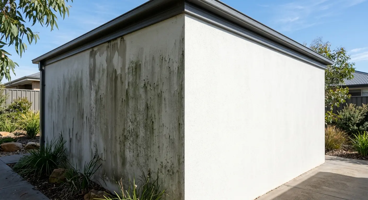 House render comparison showing mould and algae buildup on the shaded wall next to a clean sunny wall