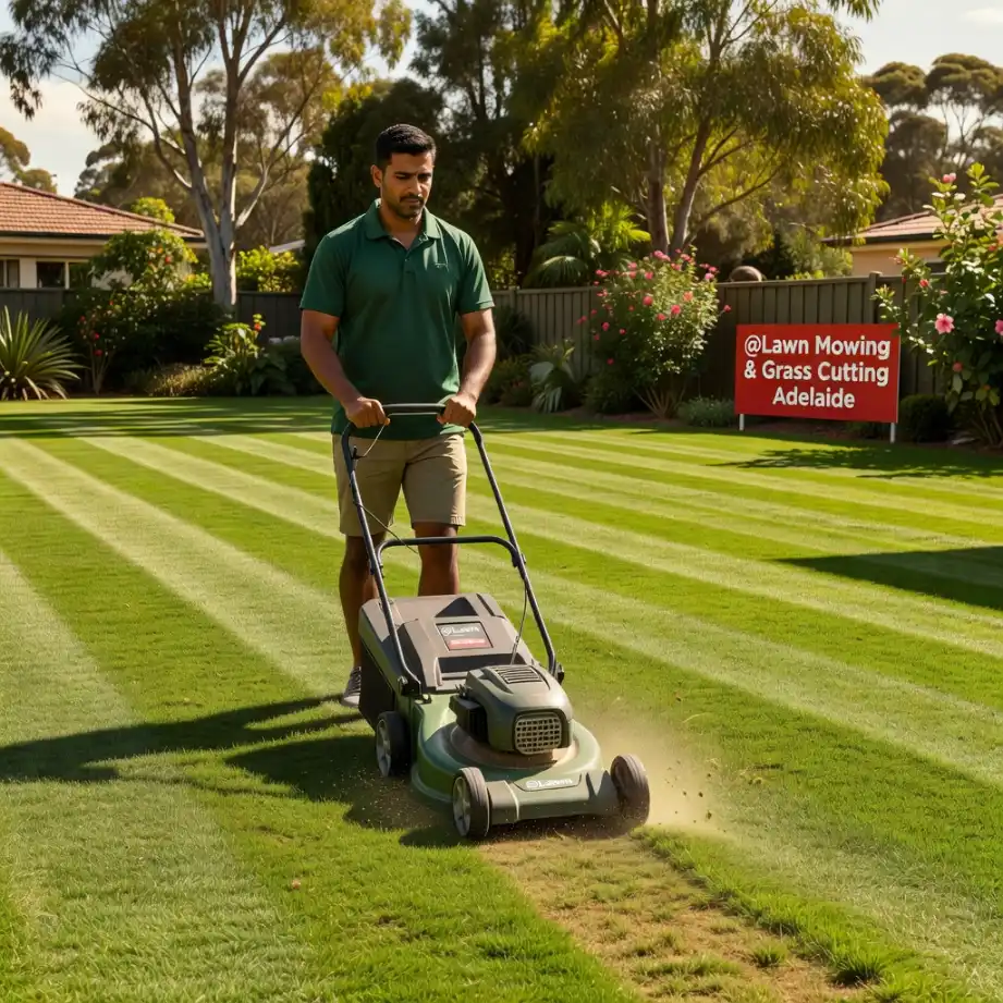 Yard maintenance checklist on a clipboard with garden tools and a lawn mower in front of an Adelaide home, covering lawn mowing, hedge trimming and garden bed upkeep