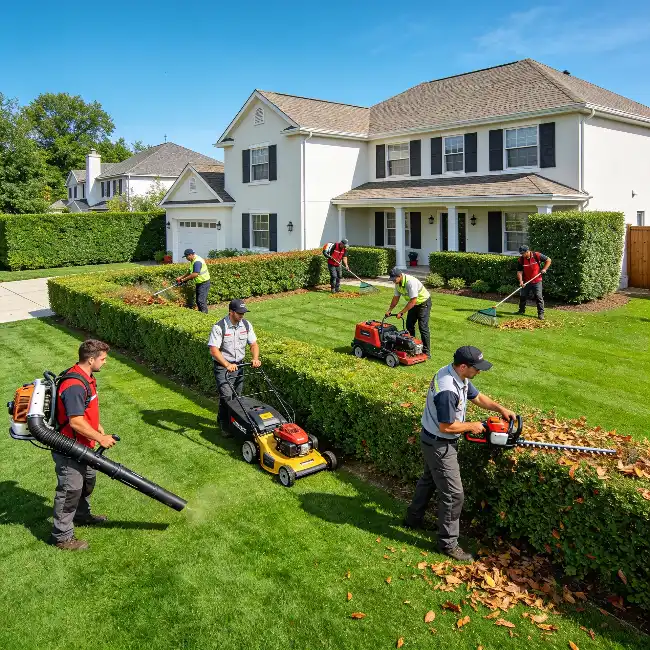 Homeowner raking autumn leaves in front yard next to a fall property maintenance checklist covering gutters, roof, and lawn care