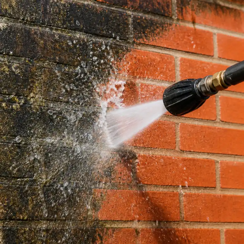 A pressure washer nozzle sprays a concentrated jet of water onto a red brick wall, removing black mold and grime buildup to reveal clean brick underneath.