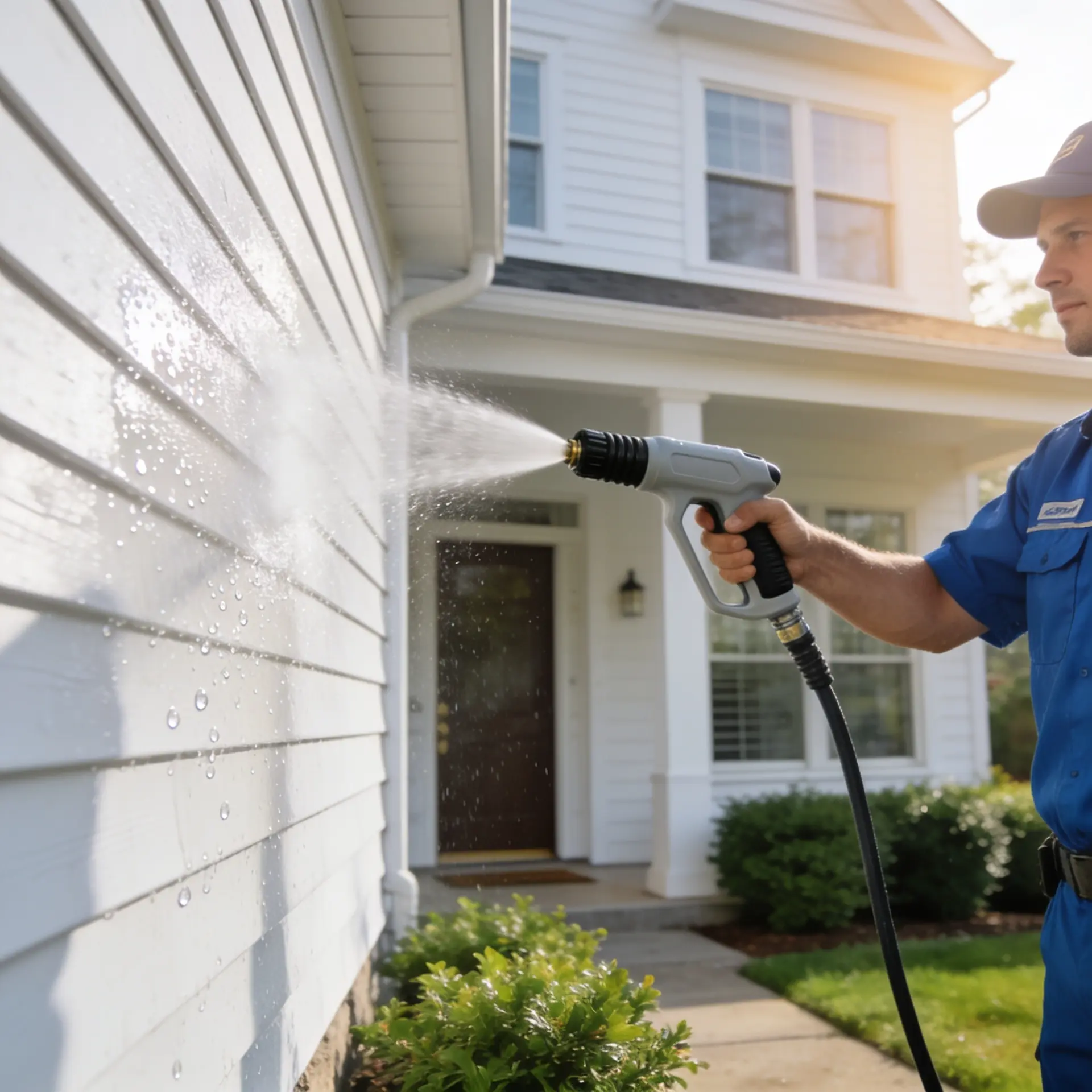 A uniformed technician in a blue shirt sprays a soft-wash cleaning solution onto the white vinyl siding of a two-story house, with a covered front porch and landscaped entryway in the background.